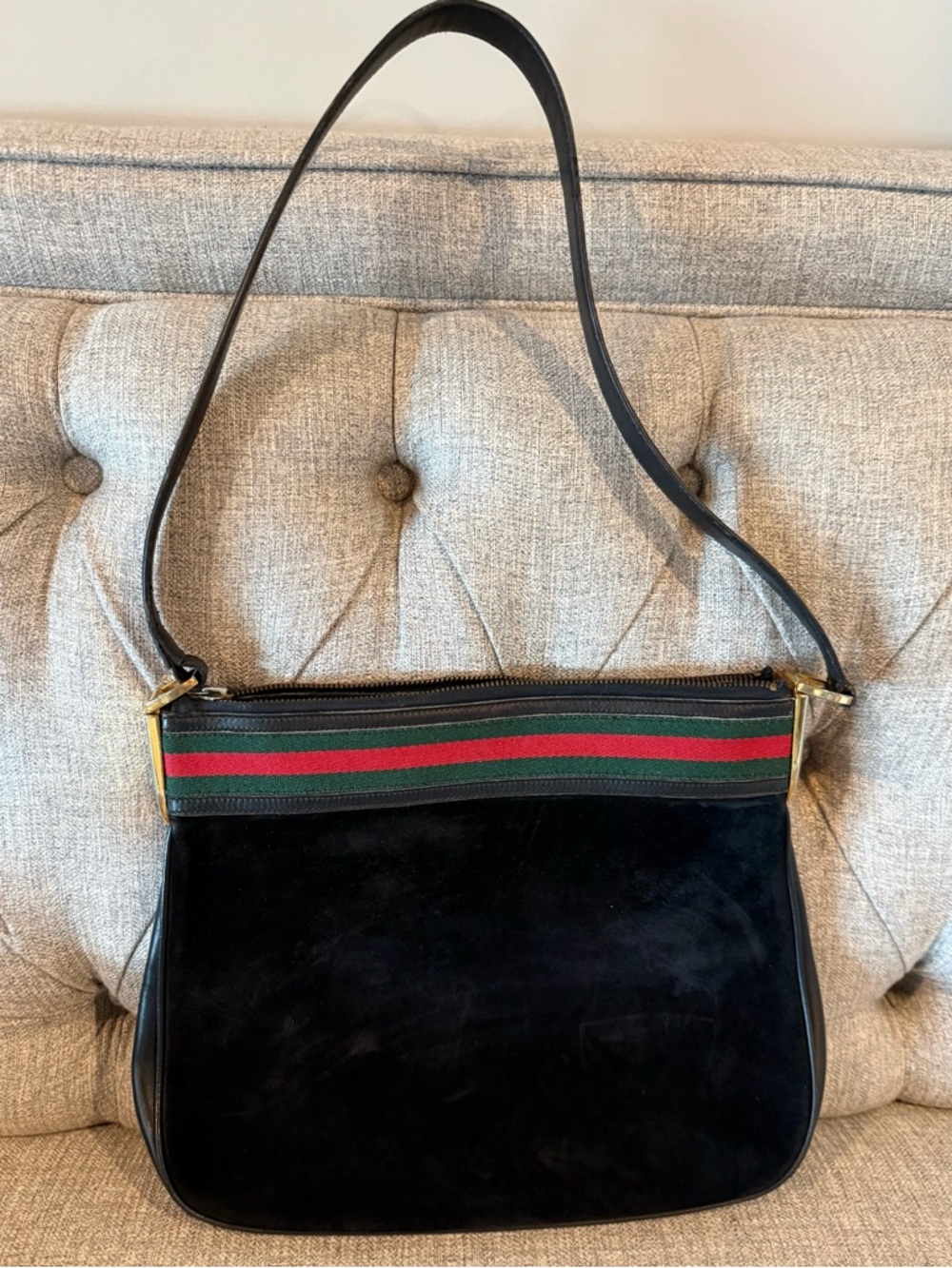 Vintage Gucci Black Suede Pouch with Gold Zipper